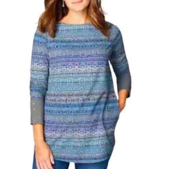 J Jill Fair Isle Long Sleeve Tunic Top XS Pockets Thermal Waffle Knit Blue Gray - Picture 12 of 12